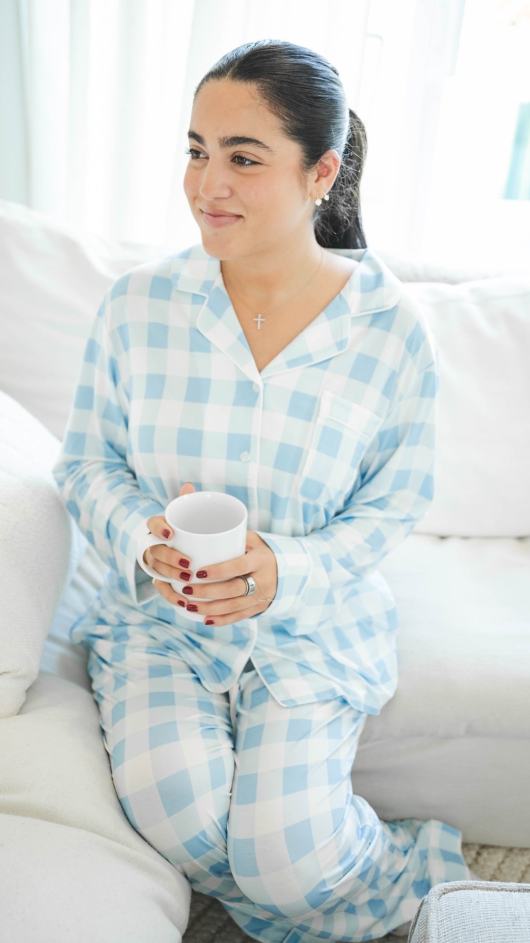 Buttoned Blue Gingham Women's Pajama Set